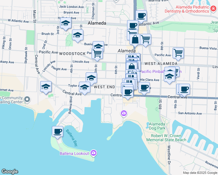 map of restaurants, bars, coffee shops, grocery stores, and more near 543 Palace Court in Alameda