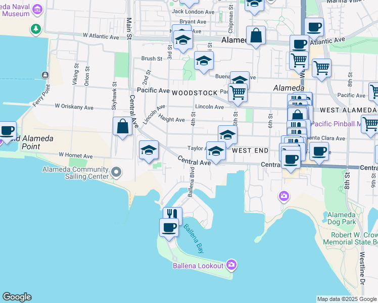 map of restaurants, bars, coffee shops, grocery stores, and more near 1415 4th Street in Alameda