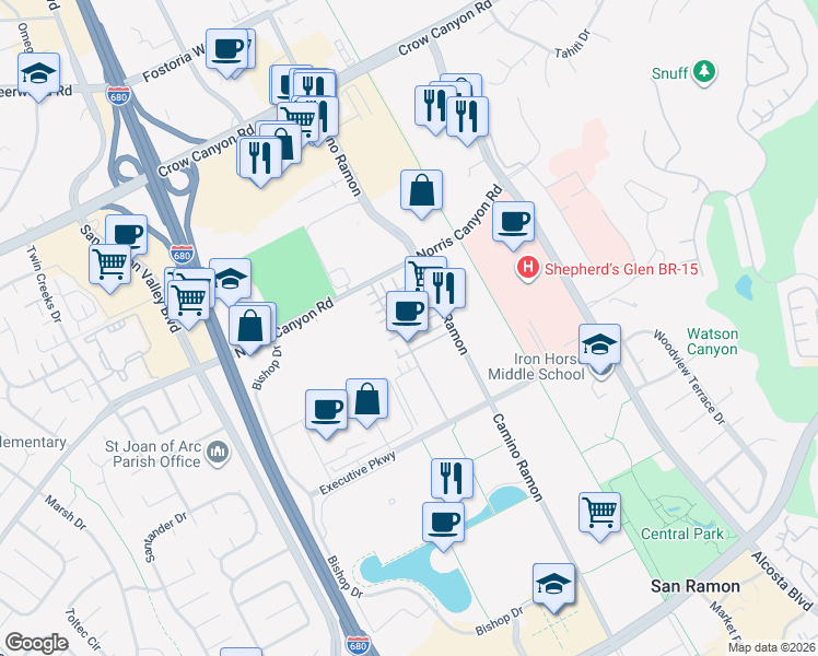 map of restaurants, bars, coffee shops, grocery stores, and more near 2410 Camino Ramon in San Ramon