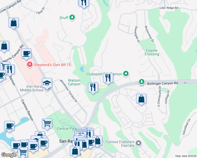 map of restaurants, bars, coffee shops, grocery stores, and more near 113 Sapphire Court in San Ramon