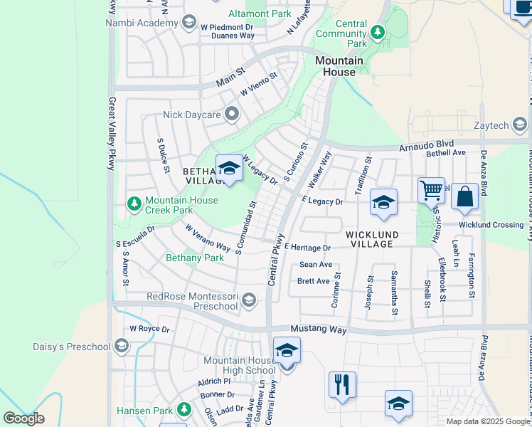 map of restaurants, bars, coffee shops, grocery stores, and more near 123 Brilloso Lane in Tracy