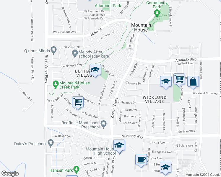 map of restaurants, bars, coffee shops, grocery stores, and more near 123 Brilloso Lane in Mountain House