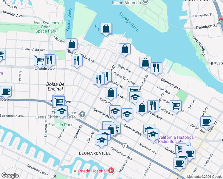 map of restaurants, bars, coffee shops, grocery stores, and more near 1725 Lincoln Avenue in Alameda