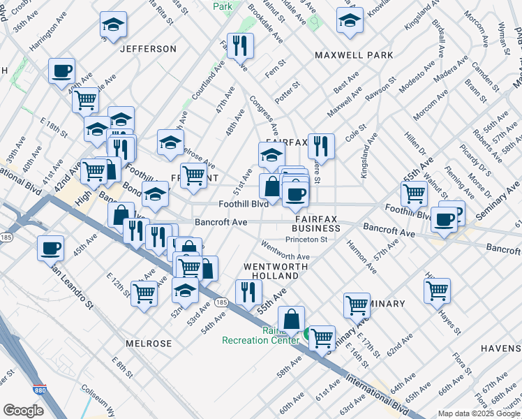 map of restaurants, bars, coffee shops, grocery stores, and more near 5145 Foothill Boulevard in Oakland