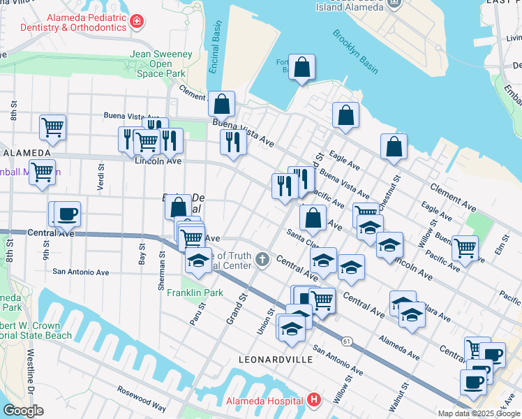map of restaurants, bars, coffee shops, grocery stores, and more near 1607 Santa Clara Avenue in Alameda