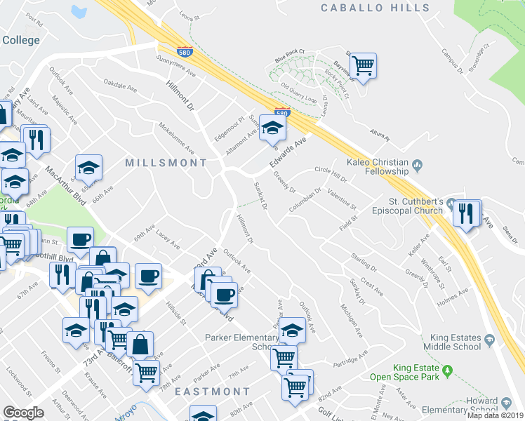 map of restaurants, bars, coffee shops, grocery stores, and more near 7209 Sunkist Drive in Oakland