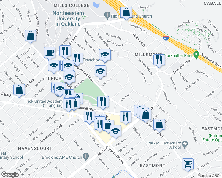 map of restaurants, bars, coffee shops, grocery stores, and more near 6630 MacArthur Boulevard in Oakland