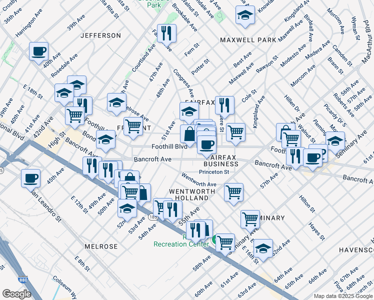 map of restaurants, bars, coffee shops, grocery stores, and more near 5223 Congress Avenue in Oakland