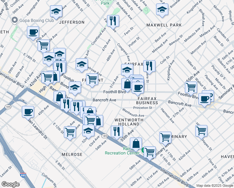 map of restaurants, bars, coffee shops, grocery stores, and more near 5152 Foothill Boulevard in Oakland
