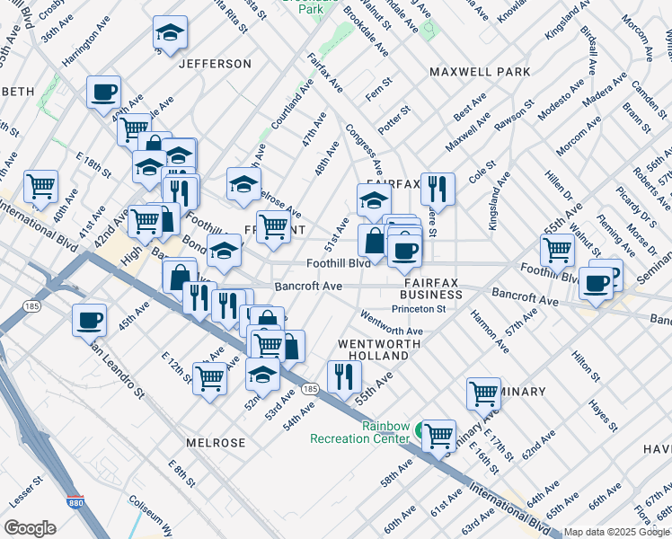 map of restaurants, bars, coffee shops, grocery stores, and more near 1909 51st Avenue in Oakland