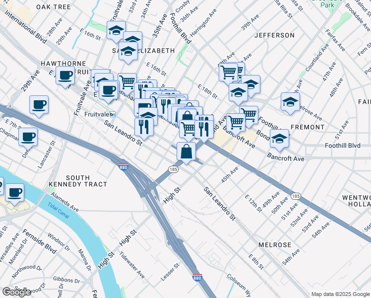 map of restaurants, bars, coffee shops, grocery stores, and more near 1214 40th Avenue in Oakland