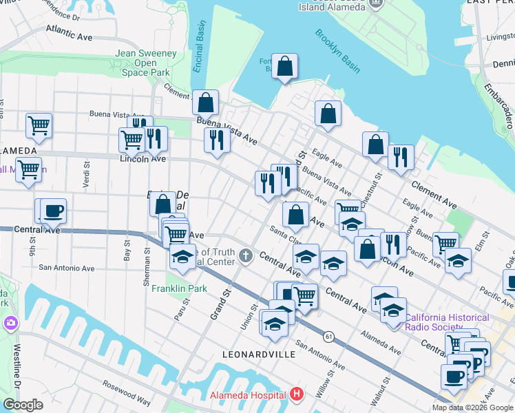 map of restaurants, bars, coffee shops, grocery stores, and more near 1634 Lincoln Avenue in Alameda