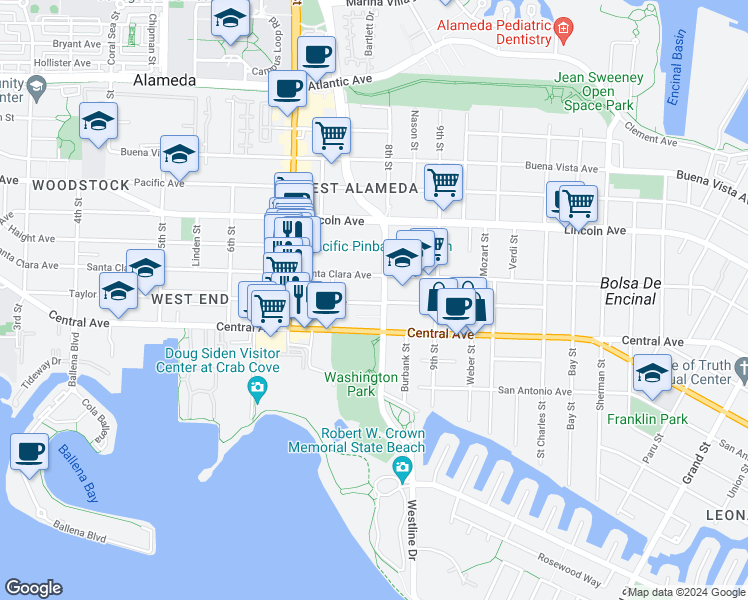 map of restaurants, bars, coffee shops, grocery stores, and more near 805 Santa Clara Avenue in Alameda