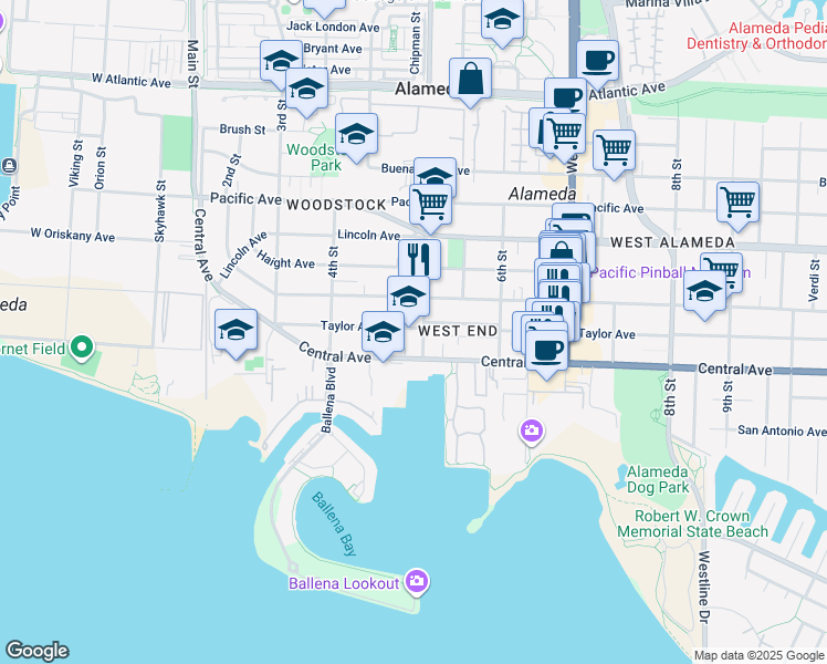 map of restaurants, bars, coffee shops, grocery stores, and more near 1437 Fifth Street in Alameda