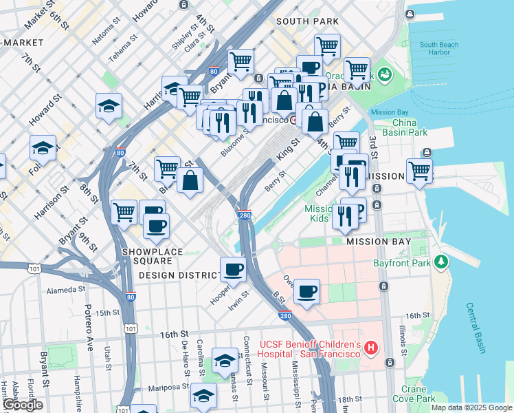 map of restaurants, bars, coffee shops, grocery stores, and more near 360 Berry Street in San Francisco