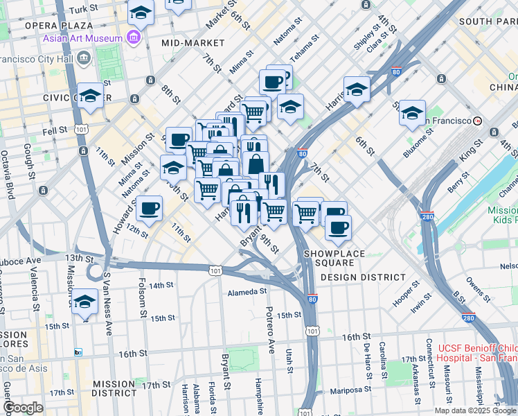 map of restaurants, bars, coffee shops, grocery stores, and more near 1226 Harrison Street in San Francisco