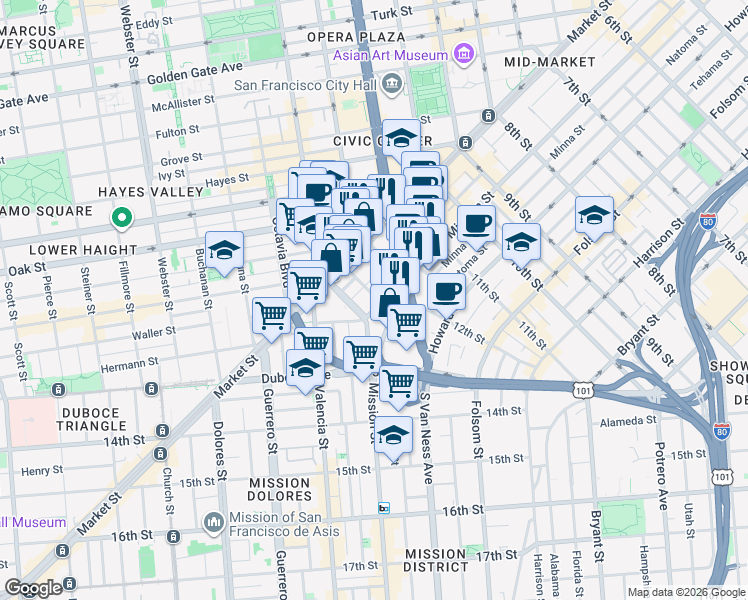 map of restaurants, bars, coffee shops, grocery stores, and more near 10 Chase Court in San Francisco