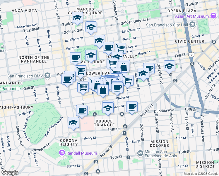 map of restaurants, bars, coffee shops, grocery stores, and more near 659 Page Street in San Francisco