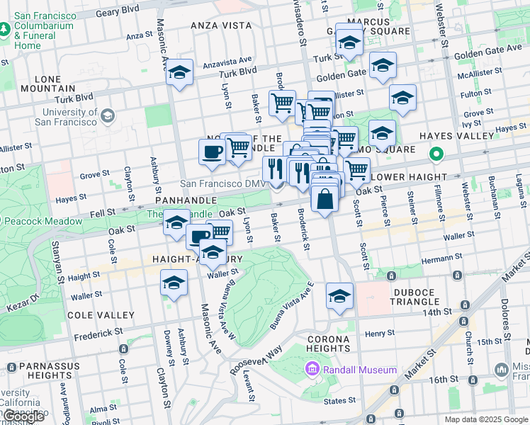 map of restaurants, bars, coffee shops, grocery stores, and more near 1377 Fell Street in San Francisco