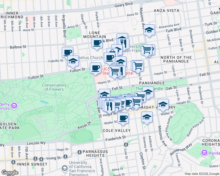 map of restaurants, bars, coffee shops, grocery stores, and more near 2185 Hayes Street in San Francisco