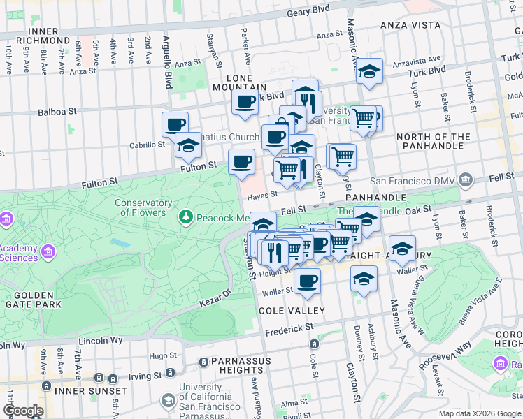 map of restaurants, bars, coffee shops, grocery stores, and more near 2185 Hayes Street in San Francisco