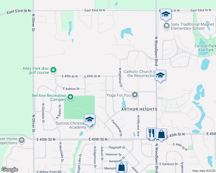 map of restaurants, bars, coffee shops, grocery stores, and more near 4939 North Homestead Street in Bel Aire