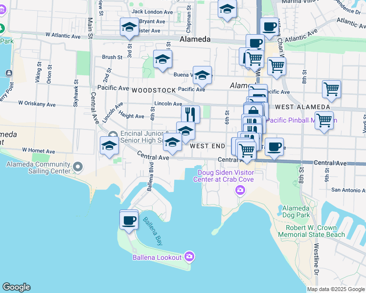 map of restaurants, bars, coffee shops, grocery stores, and more near 460 Taylor Avenue in Alameda