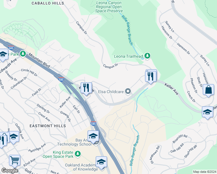 map of restaurants, bars, coffee shops, grocery stores, and more near 8099 Greenridge Drive in Oakland