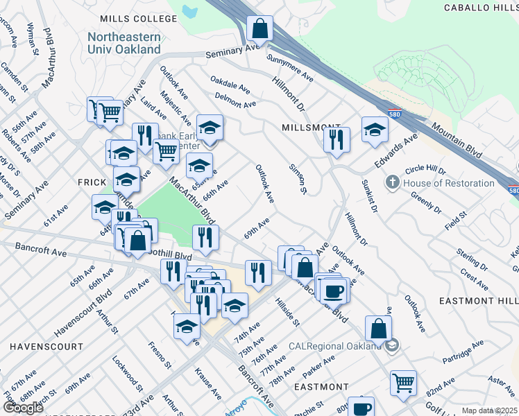 map of restaurants, bars, coffee shops, grocery stores, and more near 3504 68th Avenue in Oakland