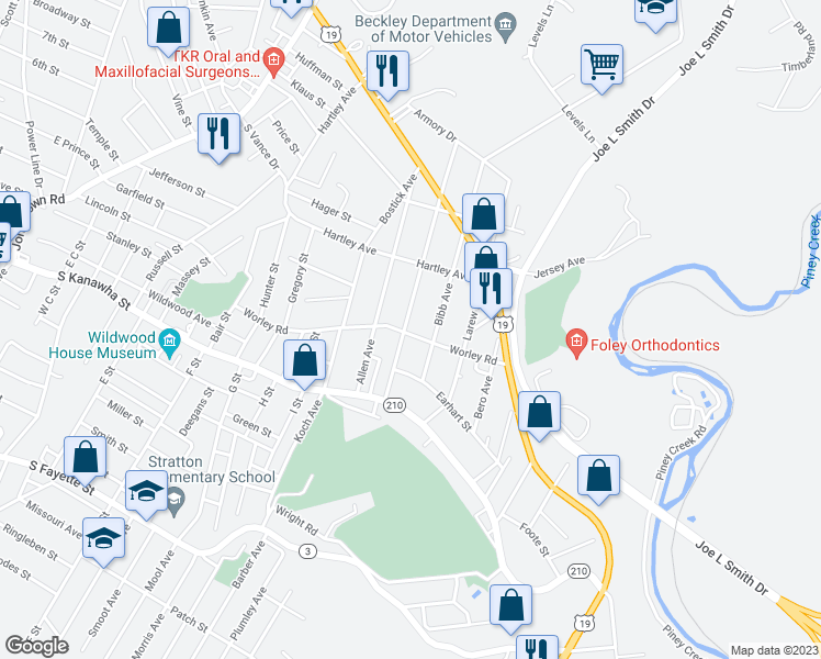 map of restaurants, bars, coffee shops, grocery stores, and more near 300 Myers Avenue in Beckley