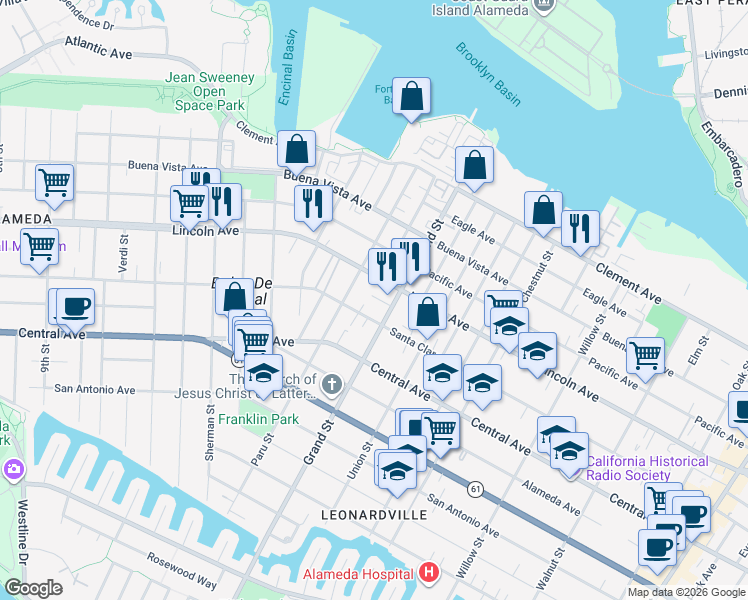 map of restaurants, bars, coffee shops, grocery stores, and more near 1626 Seaborn Court in Alameda