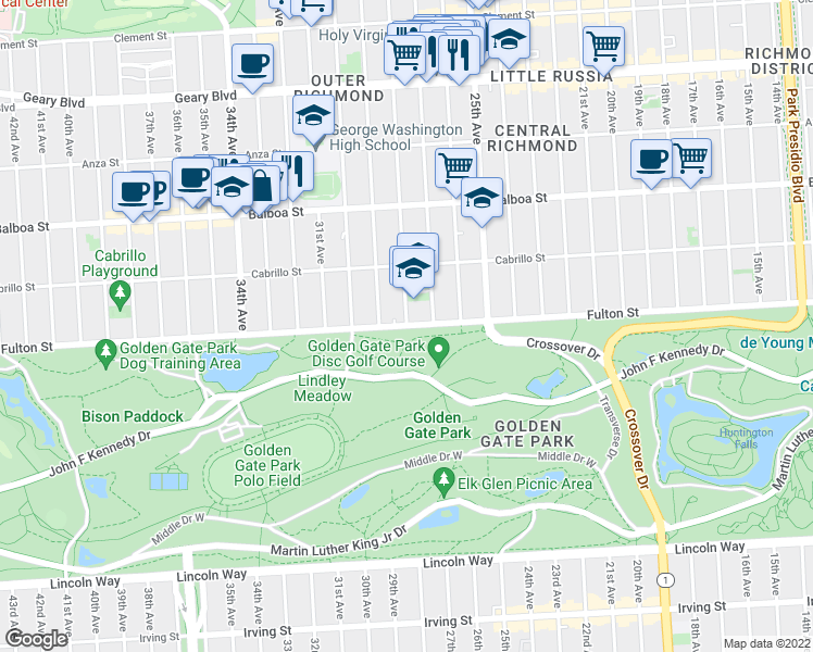 map of restaurants, bars, coffee shops, grocery stores, and more near Fulton St & 28th Ave in San Francisco
