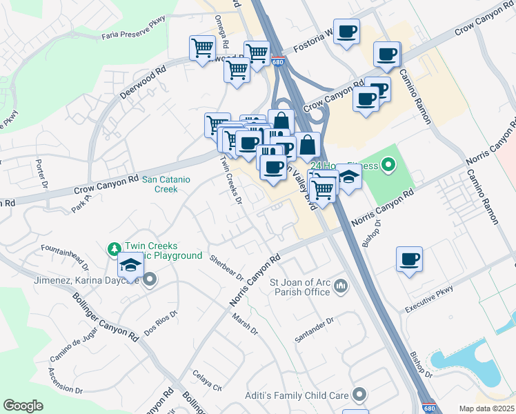 map of restaurants, bars, coffee shops, grocery stores, and more near 205 Compton Circle in San Ramon
