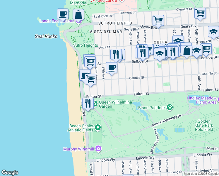 map of restaurants, bars, coffee shops, grocery stores, and more near 818 46th Avenue in San Francisco