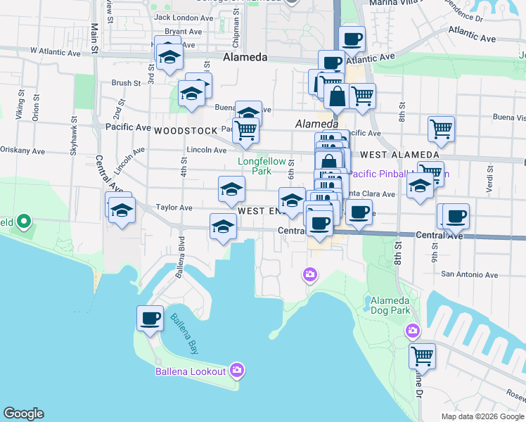 map of restaurants, bars, coffee shops, grocery stores, and more near 519 Taylor Avenue in Alameda