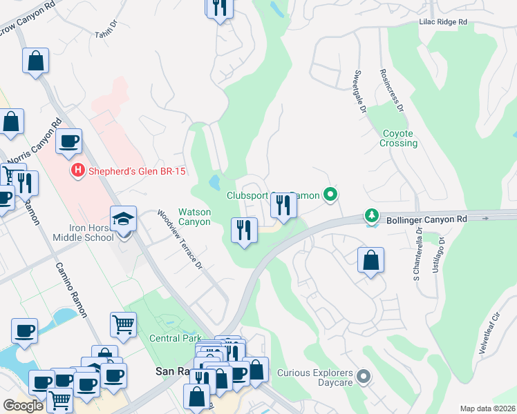 map of restaurants, bars, coffee shops, grocery stores, and more near 910 Vista Pointe Drive in San Ramon