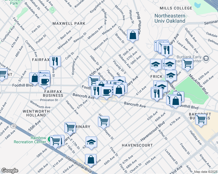 map of restaurants, bars, coffee shops, grocery stores, and more near 5775 Walnut Street in Oakland