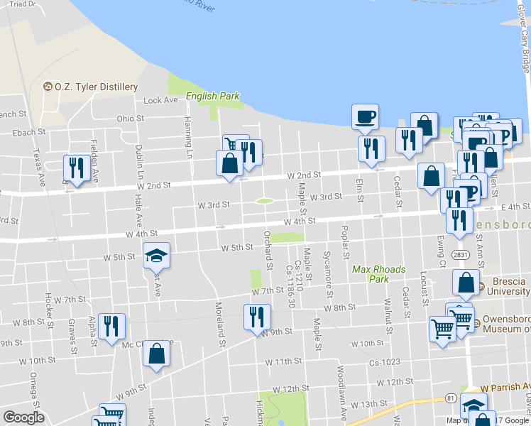 map of restaurants, bars, coffee shops, grocery stores, and more near Orchard Street in Owensboro