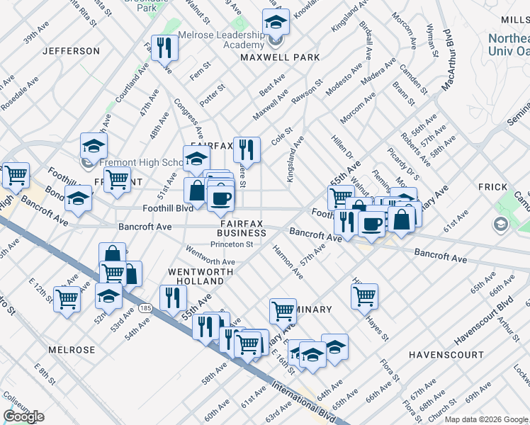 map of restaurants, bars, coffee shops, grocery stores, and more near 5407 Foothill Boulevard in Oakland