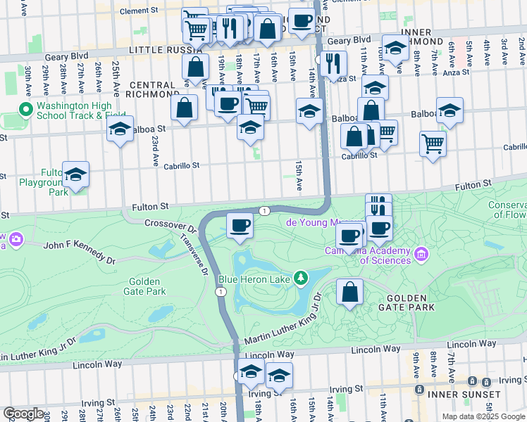 map of restaurants, bars, coffee shops, grocery stores, and more near Park Presidio Bypass in San Francisco