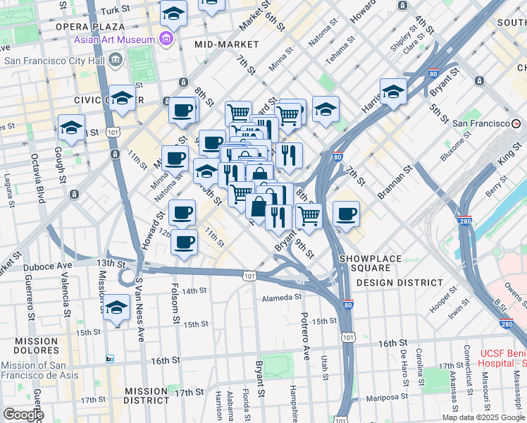 map of restaurants, bars, coffee shops, grocery stores, and more near Harrison Street in San Francisco