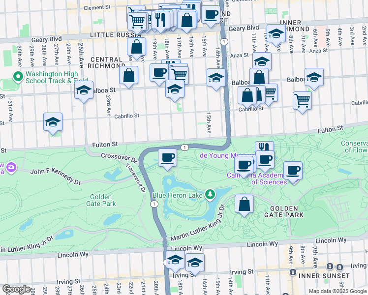 map of restaurants, bars, coffee shops, grocery stores, and more near Park Presidio Bypass in San Francisco