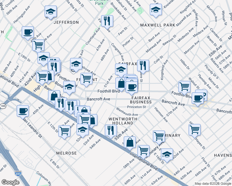 map of restaurants, bars, coffee shops, grocery stores, and more near 5145 Foothill Boulevard in Oakland