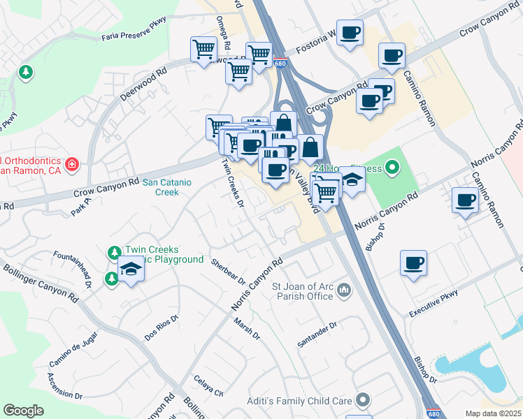 map of restaurants, bars, coffee shops, grocery stores, and more near 205 Compton Circle in San Ramon