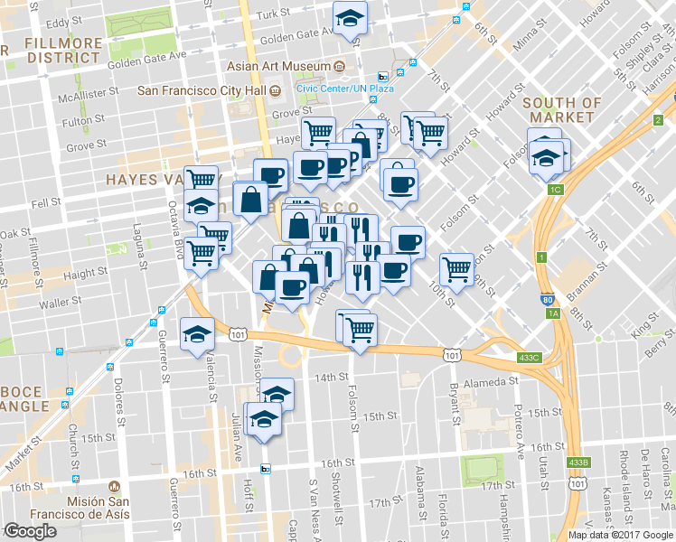 map of restaurants, bars, coffee shops, grocery stores, and more near Howard St & Lafayette St in San Francisco