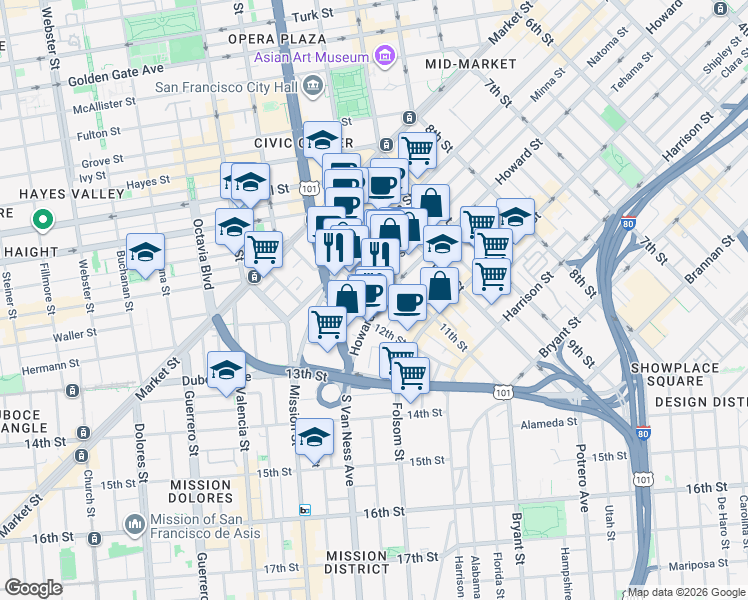 map of restaurants, bars, coffee shops, grocery stores, and more near 1554 Howard Street in San Francisco