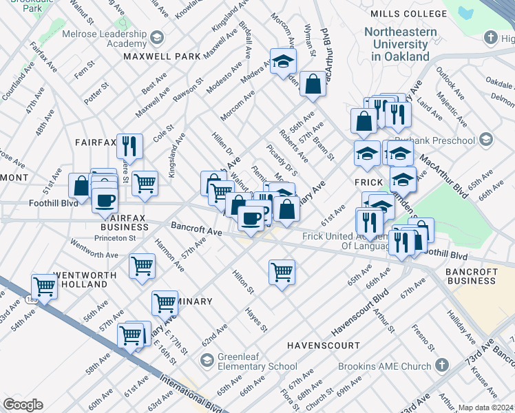 map of restaurants, bars, coffee shops, grocery stores, and more near 5775 Walnut Street in Oakland