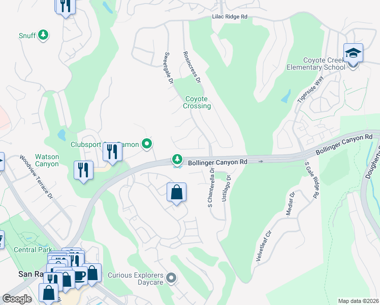 map of restaurants, bars, coffee shops, grocery stores, and more near 2128 Watercress Place in San Ramon