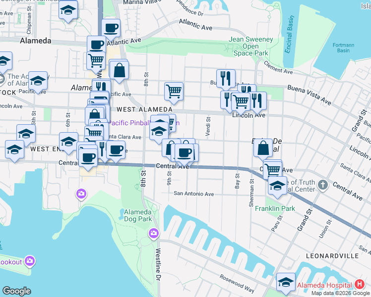 map of restaurants, bars, coffee shops, grocery stores, and more near 918 Santa Clara Avenue in Alameda