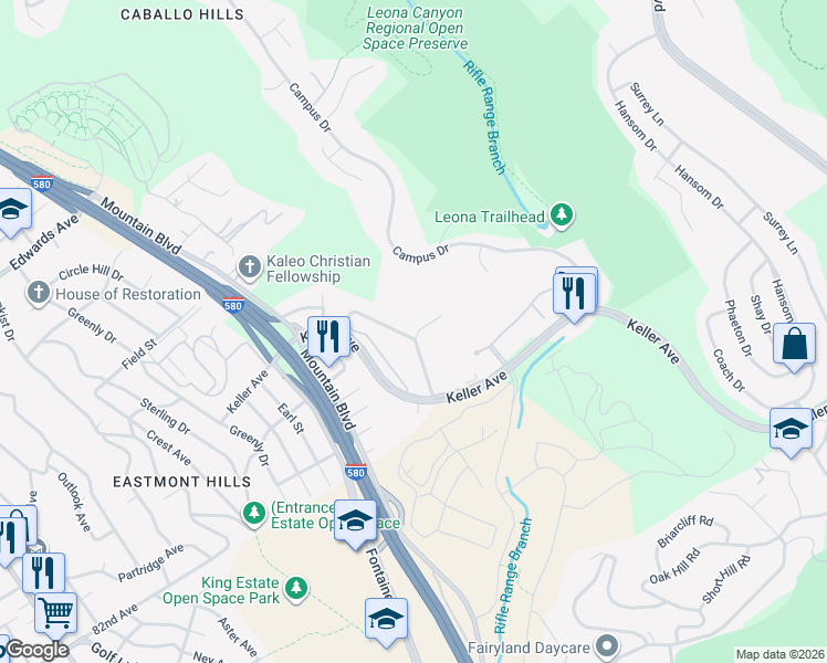 map of restaurants, bars, coffee shops, grocery stores, and more near 8097 Greenridge Drive in Oakland
